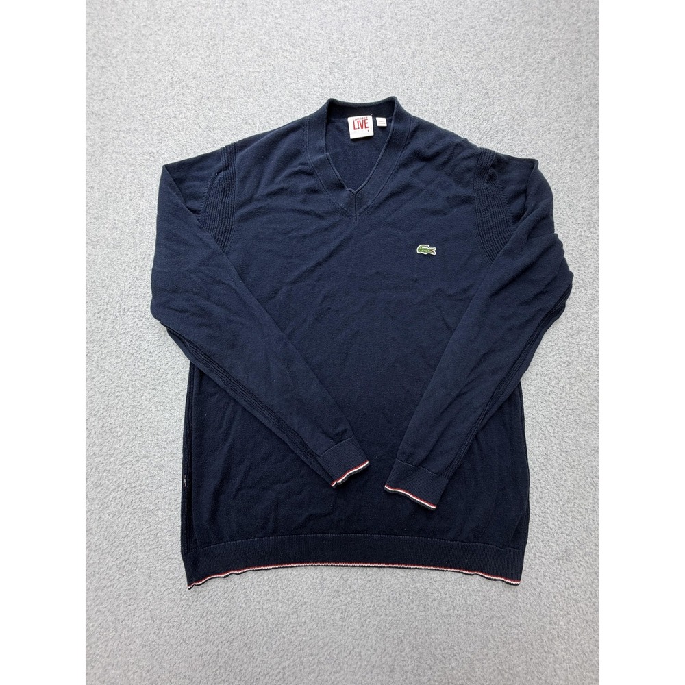 Lacoste Live Sweater Mens XL Navy Cotton V Neck Knit Pullover Long Sleeve Logo